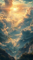 Sunrise Above Mountains Through Clouds with Golden Light