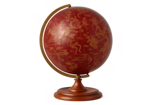 Red celestial globe with golden constellations, isolated on transparent background, perfect for educational or decorative projects