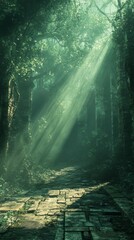 Walking Stone Path Through Mystical Forest with Sun Rays