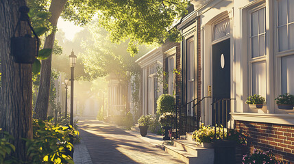 Naklejka premium Tranquil street scene featuring a majestic tree and a comfortable bench under the clear blue sky