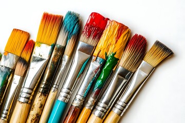 Fototapeta premium Closeup of used paintbrushes with colorful paint on bristles lying on white surface