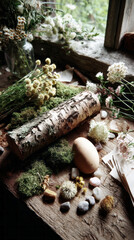 A collage of various plants, stones, and textures displays a harmonious wild garden aesthetic. Natural elements are artfully arranged on a wooden surface, evoking tranquility