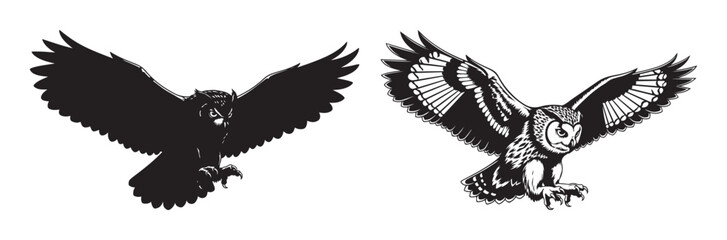 Flying great horned owl mascot silhouette and line art vector