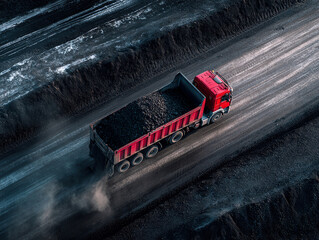 Aerial view of a red dump truck unloading black coal on an asphalt road in an industrial setting - AI-Generated