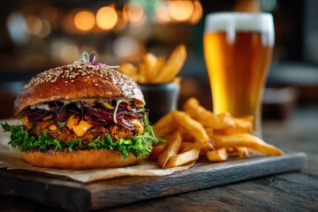 Gourmet chickpea veggie burger served with fries and beer