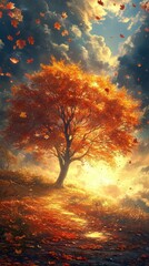 Walking Path Leading to Golden Tree with Falling Autumn Leaves