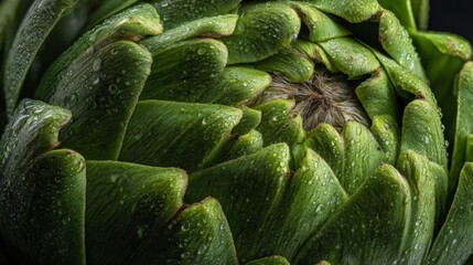 An artichoke with outer leaves peeled back, revealing the tightly packed inner layers and fuzzy choke.