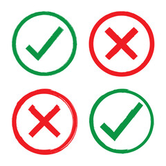Tick and cross brush signs. Green checkmark OK and red X icons, isolated on white background. Symbols YES and NO button for vote, decision, web. 