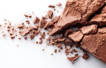 Broken dark chocolate bar on white background