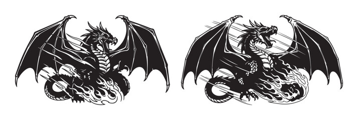 Two fierce roaring dragons in flames vector illustration