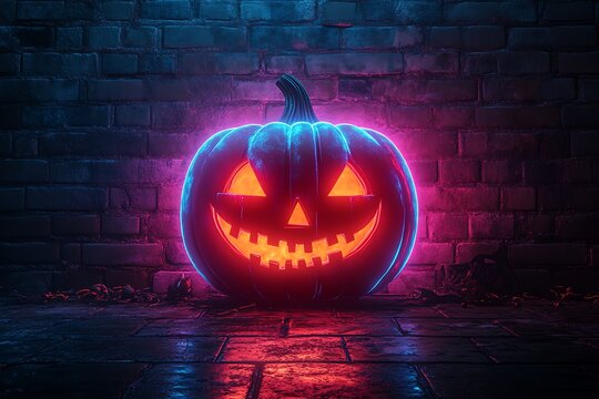 Glowing Jack O Lantern with Neon Blue and Pink Light Against Brick Wall halloween pumpkin