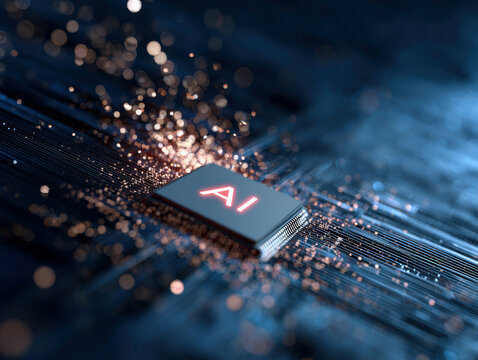 Summary Close-up digital artwork of an AI chip AI lettering on a circuit board backdrop, surrounded by dynamic particles, cool tones, high-definition, macro lens, top-down - AI-Generated - Powered by Adobe