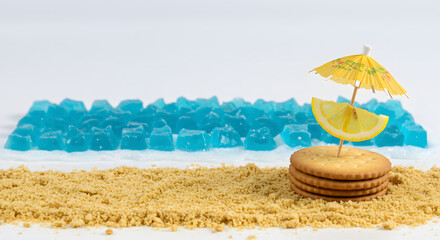 Miniature Beach Scene with Cracker Sand, Jelly Ocean, and Lemon Umbrella