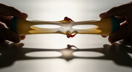 Demonstrating stress test with miniature figures and stretched plastic. Stress test scenario showcases material under tension, demonstrating resistance to force, held between human hands.