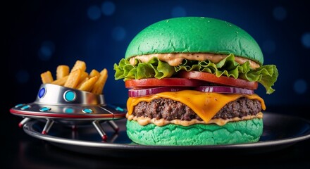 Delicious Alien burger served with fresh french fries, creating unique culinary experience. Alien burger with green bun, cheese, and tomatoes, showcasing otherworldly fast food.