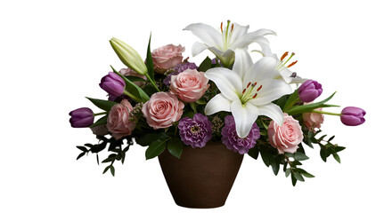 Obraz premium Floral Illustration Of Lily Rose Tulip Bouquet In A Brown Vase With Transparent Background