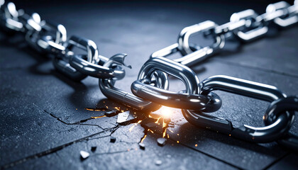 Broken chains on a stone floor, symbolizing freedom or liberation