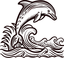 Obraz premium Hand drawn leaping dolphin above stylized ocean waves vintage engraved marine animal illustration in black and white