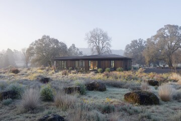 A sleek modern house is nestled among a vibrant wild garden, showcasing various plants and rocks. The tranquil setting is enhanced by the morning dew and soft light of dawn