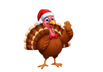 Festive Cartoon Turkey in Santa Hat Holding Cookie Illustration