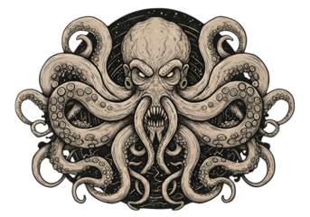 Evil Kraken Illustration In Black And White With Tentacles On Transparent Background