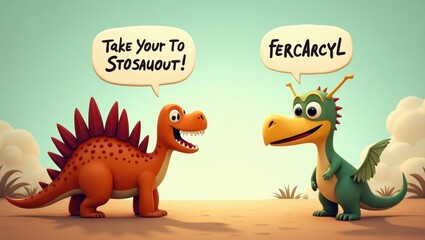 Obraz premium Two cartoon dinosaurs, one a stegosaurus and the other a dragon, pose happily.