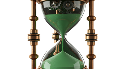 Detailed Photo of Hourglass with Gears Green Sand Isolated on Black Background