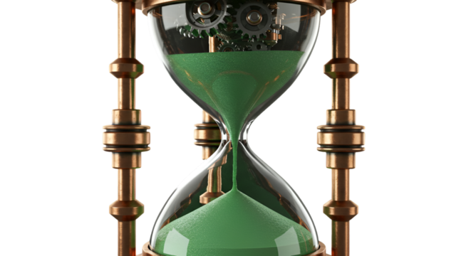 Detailed Photo of Hourglass with Gears Green Sand Isolated on Black Background - Powered by Adobe