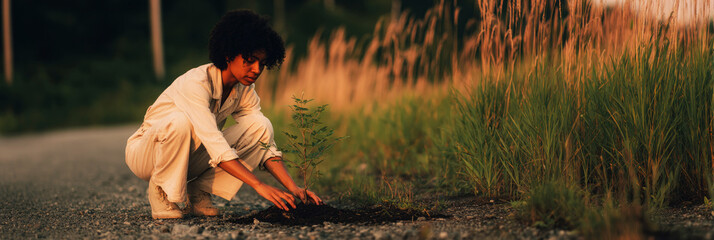 A gardener carefully plants a young shrub in rich soil along a dirt path surrounded by tall grasses, enjoying the warm, golden hue of the late afternoon sun illuminating the landscape
