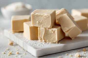 Homemade eggnog fudge on a white board
