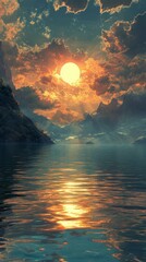 Sunset Over Mountain Lake with Reflecting Water and Dramatic Clouds