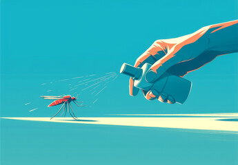 One hand sprays mosquito repellent spray