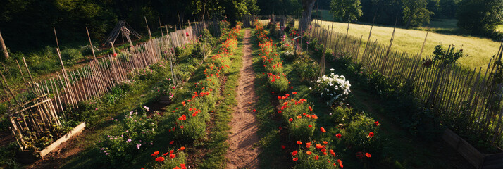 A colorful pathway winds through a lush garden filled with blooming flowers and greenery, bordered by wooden fencing under the bright sunlight of a clear day in the countryside