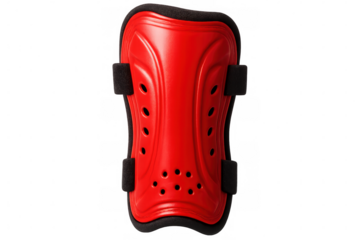 Red shin guards with ventilation holes providing safety during soccer training or match, isolated on transparent background