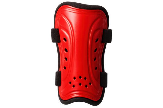 Red shin guards with ventilation holes providing safety during soccer training or match, isolated on transparent background