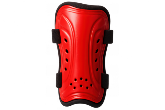 Red shin guards with ventilation holes providing safety during soccer training or match, isolated on transparent background