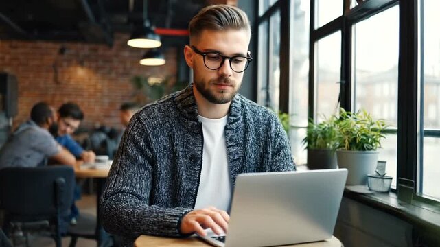 Young man working on a laptop in a cozy café with plants and people in the background - Powered by Adobe