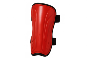 Soccer player wearing red protective shin guards against white background, safeguarding legs during intense match play