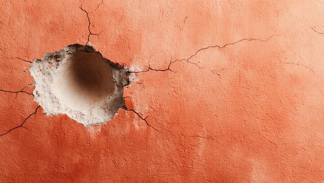Cracked terracotta wall with a hole