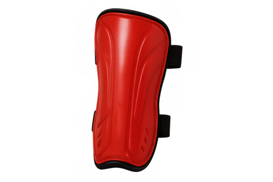 Soccer player wearing red protective shin guards against white background, safeguarding legs during intense match play