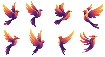 Flying Pixel Bird Illustration With Purple And Orange Gradient On Transparent