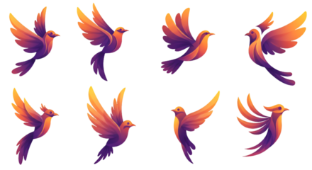 Flying Pixel Bird Illustration With Purple And Orange Gradient On Transparent