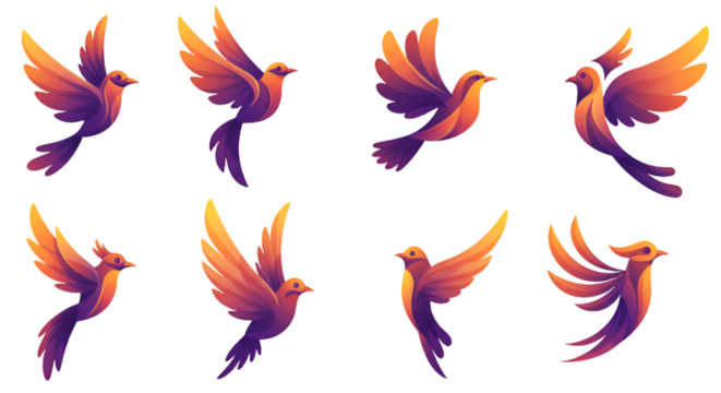 Flying Pixel Bird Illustration With Purple And Orange Gradient On Transparent