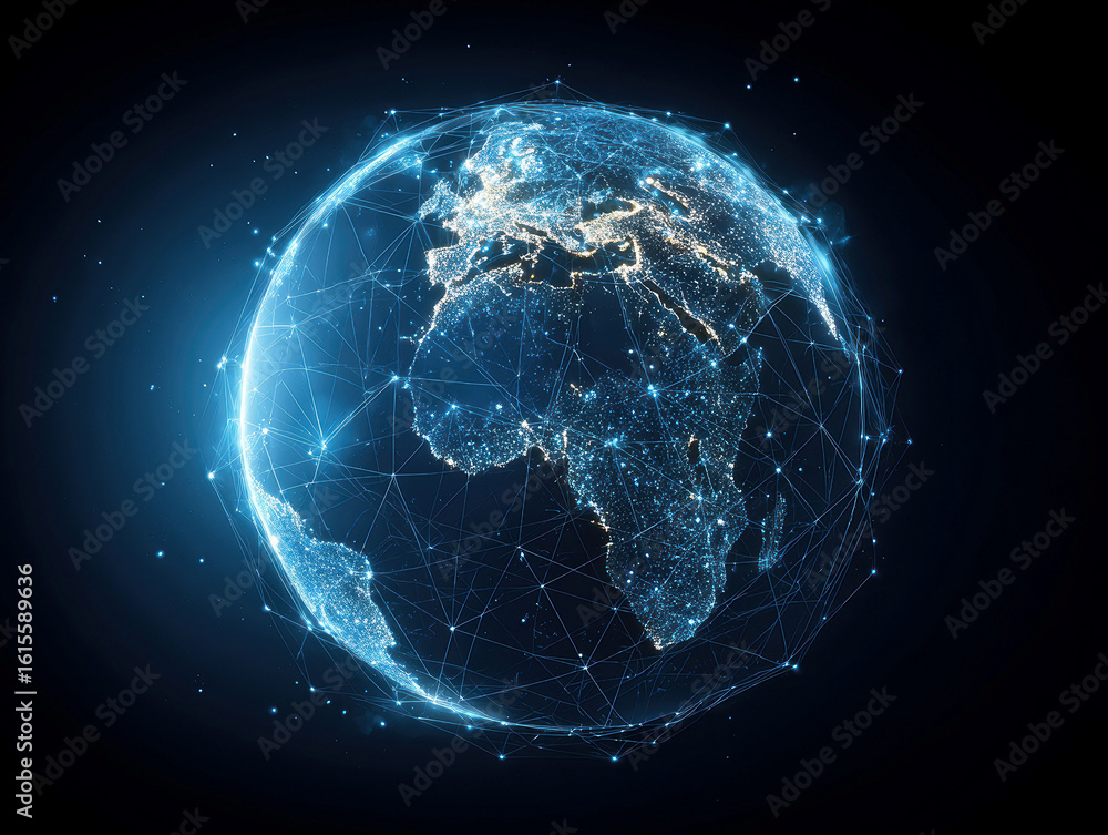 Poster digital abstract rendering of earth with interconnected lines, representing global connectivity and 