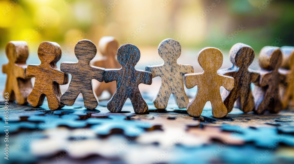 Poster group of wooden figurines holding hands in a circle on a colorful puzzle background representing uni
