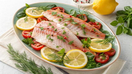Colorful seafood platter featuring snapper fillets and fresh herbs