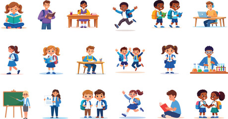Fototapeta premium Flat vector illustration of a diverse group of happy school children and students, back-to-school activities, and poses