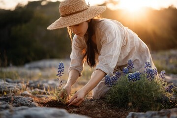 A woman kneels among vibrant bluebonnets, carefully harvesting flowers as the sun sets, casting a warm glow over the meadow filled with wild flora and nature's beauty