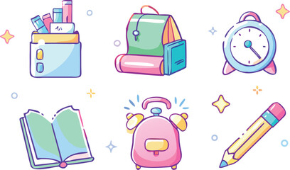 Cute colorful school icons with books backpack alarm clock pencil school supplies