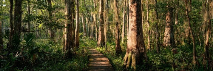 Sunlight filters through tall cypress trees, illuminating a wooden boardwalk winding through a lush humid subtropical forest, creating a peaceful nature experience, Southeast, Humid Subtropical